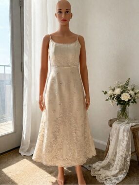 Vintage Cream Beaded Bridal Midi Dress Romantic Wedding Cottagecore